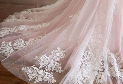Pink A Line Spaghetti Strap Tulle Beaded Long Prom Dress Sweet Applique Wedding Dress ED01622