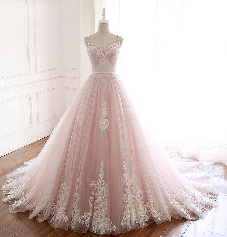 Pink A Line Spaghetti Strap Tulle Beaded Long Prom Dress Sweet Applique Wedding Dress ED01622