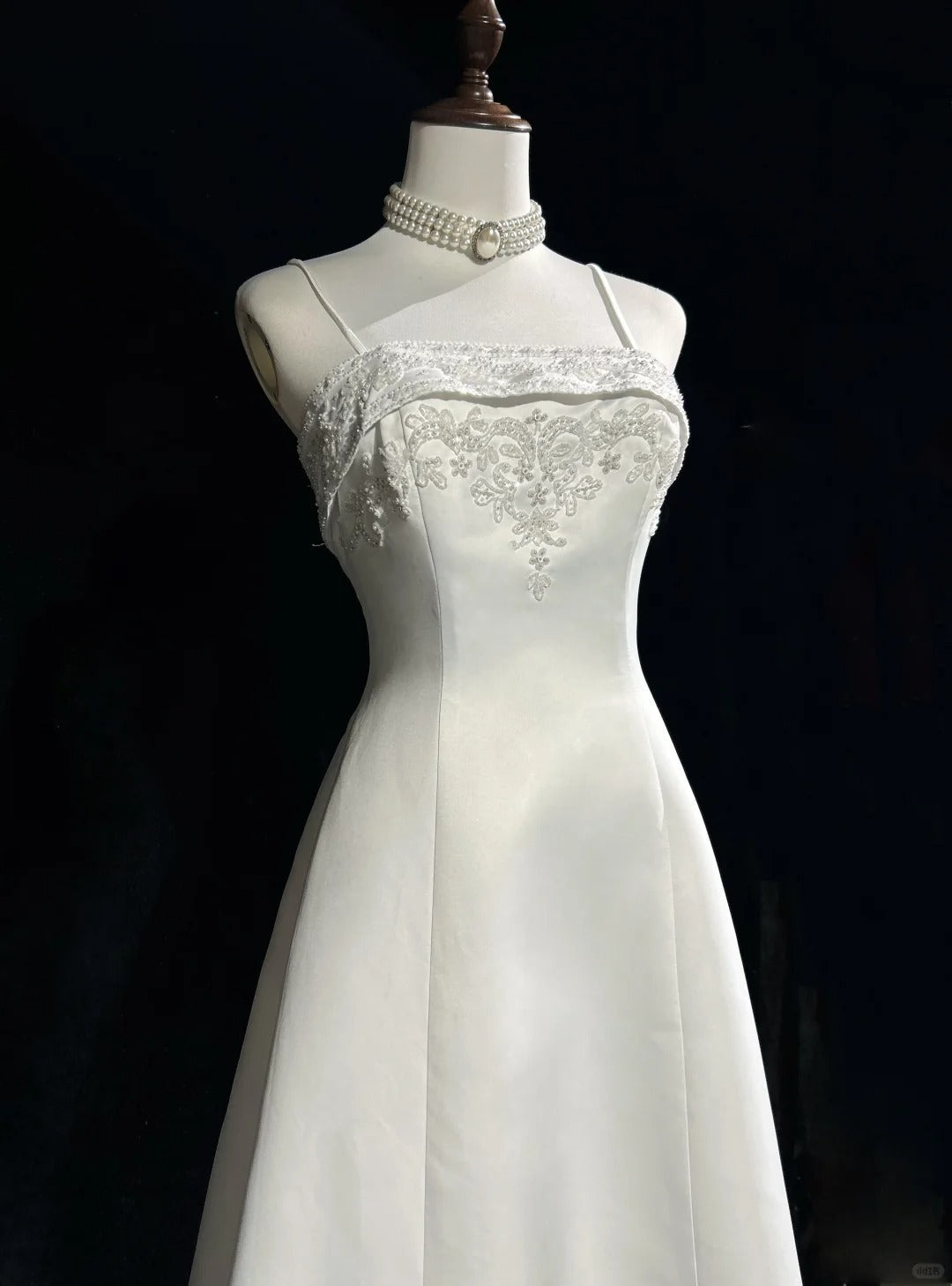 A-Line Spaghetti Strap Beaded Satin Long Prom Dress White Wedding Dress Graduation Prom Dress ED01630
