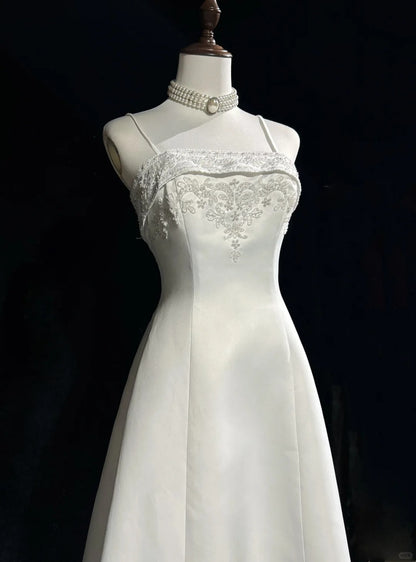 A-Line Spaghetti Strap Beaded Satin Long Prom Dress White Wedding Dress Graduation Prom Dress ED01630