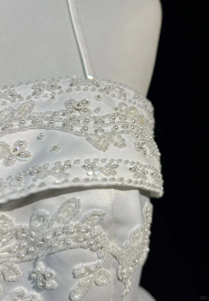 A-Line Spaghetti Strap Beaded Satin Long Prom Dress White Wedding Dress Graduation Prom Dress ED01630