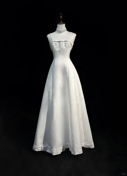 A-Line Spaghetti Strap Beaded Satin Long Prom Dress White Wedding Dress Graduation Prom Dress ED01630