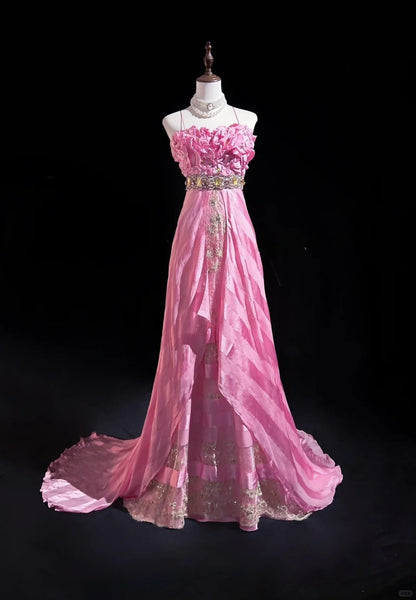 Pink Mermaid Spaghetti Straps Satin Beaded Long Prom Dress Beautiful Bridal Dress ED01632