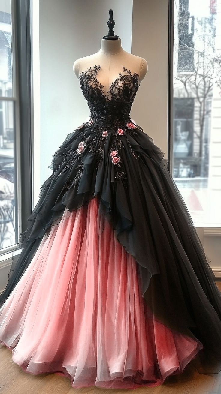 A-Line Sweetheart Neck Beaded Tulle Long Prom Dress for Quinceanera Lace Applique Wedding Dress ED01636