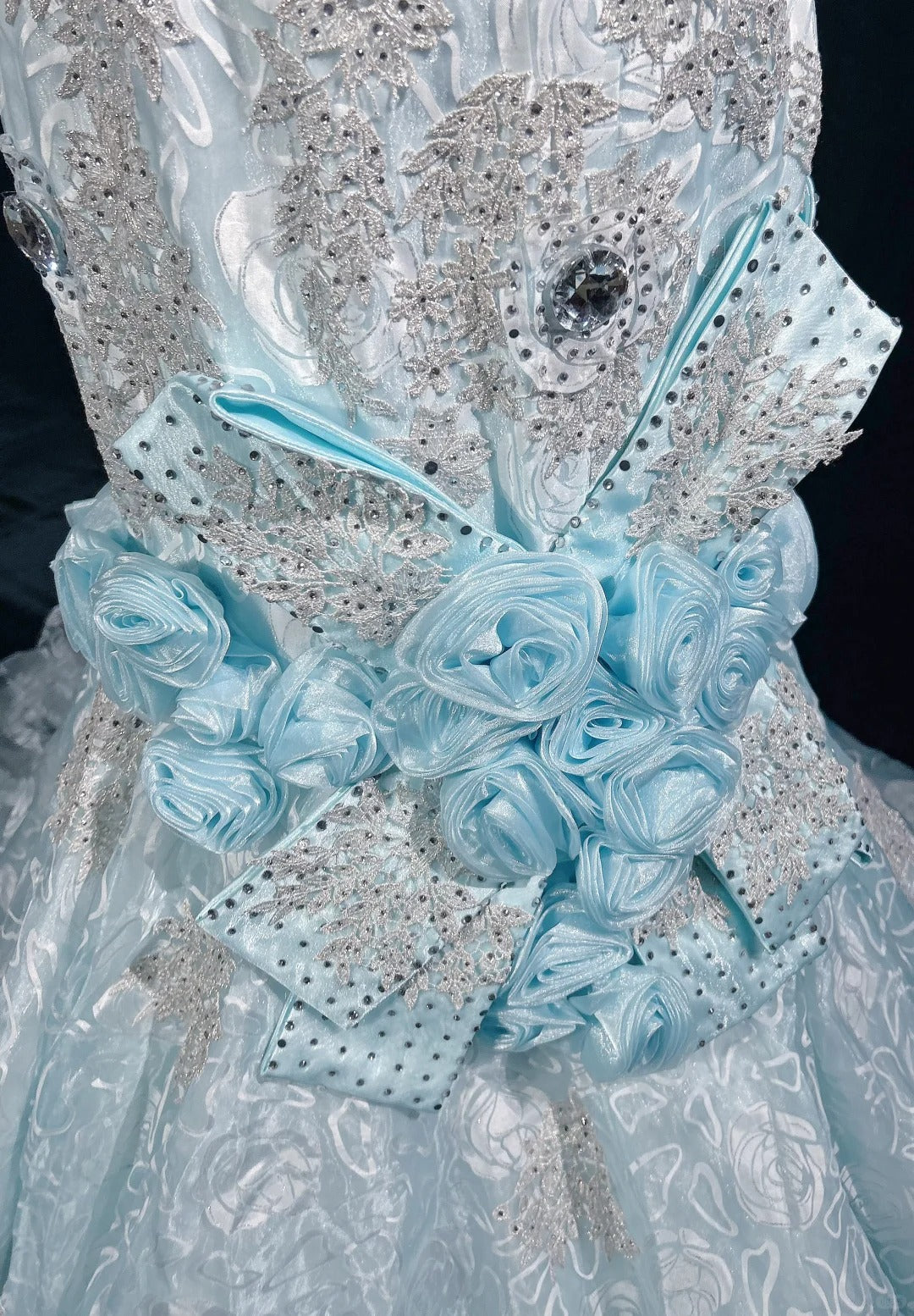 Sky Blue Mermaid Spaghetti Straps Organza Diamond Long Prom Dress Lace Floral Evening Gown ED01638