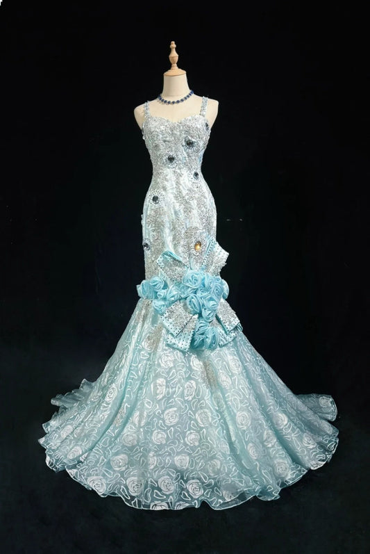 Sky Blue Mermaid Spaghetti Straps Organza Diamond Long Prom Dress Lace Floral Evening Gown ED01638