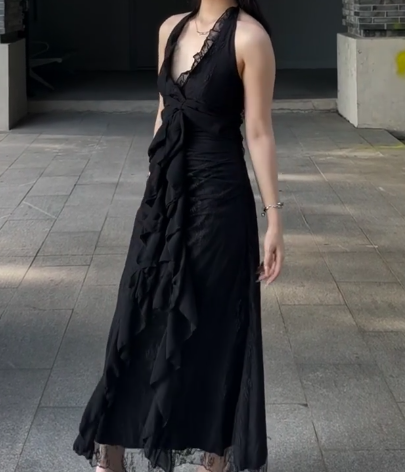 Sweet Black Halter A-Line Chiffon&Tulle Open Back Prom Dresses Birthday Dresses ED01642