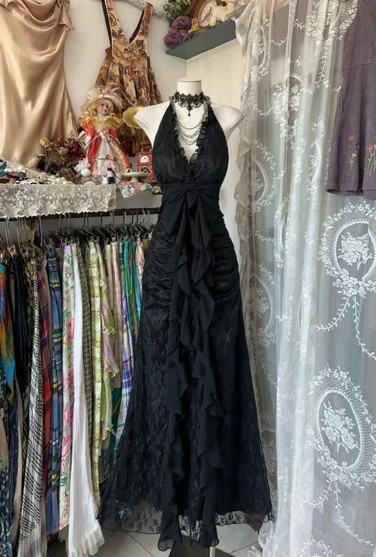 Sweet Black Halter A-Line Chiffon&Tulle Open Back Prom Dresses Birthday Dresses ED01642