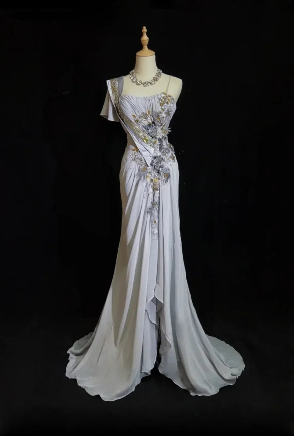 Grey Mermaid Embroidery Applique Exquisite Beading Sequin Spaghetti Strap Long satin Ball Gown Evening Gown Party Dress gh4103