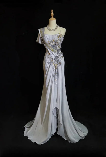 Grey Mermaid Embroidery Applique Exquisite Beading Sequin Spaghetti Strap Long satin Ball Gown Evening Gown Party Dress gh4103