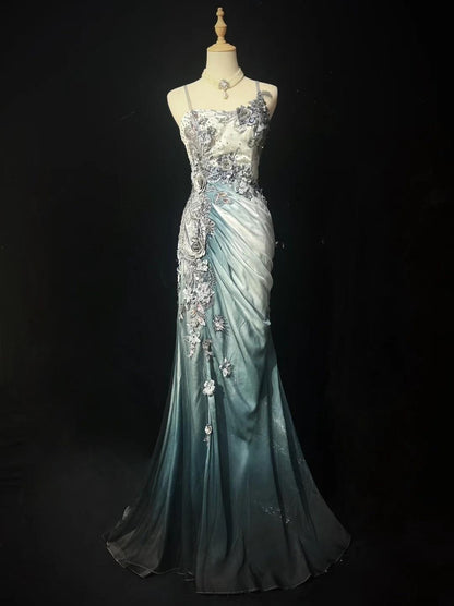 Elegant Chiffon Mermaid Spaghetti Strap Sequined Applique Long Prom Dresses🎐 Formal Evening Dresses  ED01646