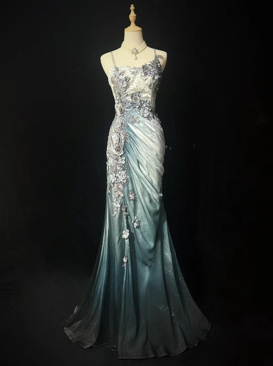 Elegant Chiffon Mermaid Spaghetti Strap Sequined Applique Long Prom Dresses🎐 Formal Evening Dresses  ED01646