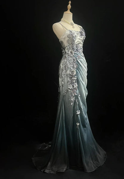 Elegant Chiffon Mermaid Spaghetti Strap Sequined Applique Long Prom Dresses🎐 Formal Evening Dresses  ED01646