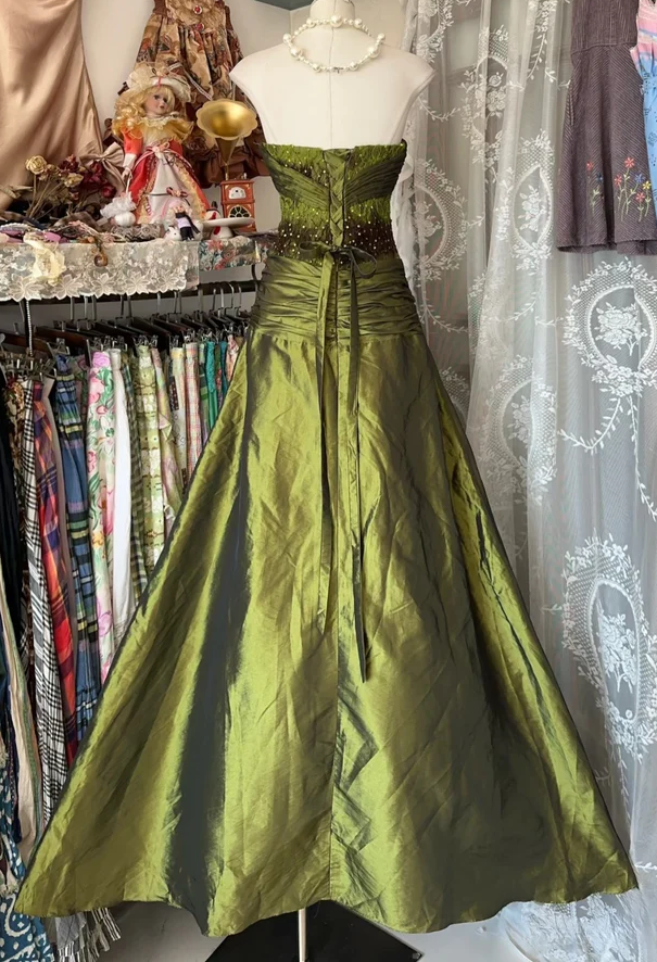 Vintage Mermaid Strapless Olive Green Satin Tulle Long Prom Dress Sequin Beaded Evening Dress ED01648