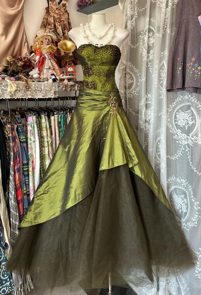 Vintage Mermaid Strapless Olive Green Satin Tulle Long Prom Dress Sequin Beaded Evening Dress ED01648