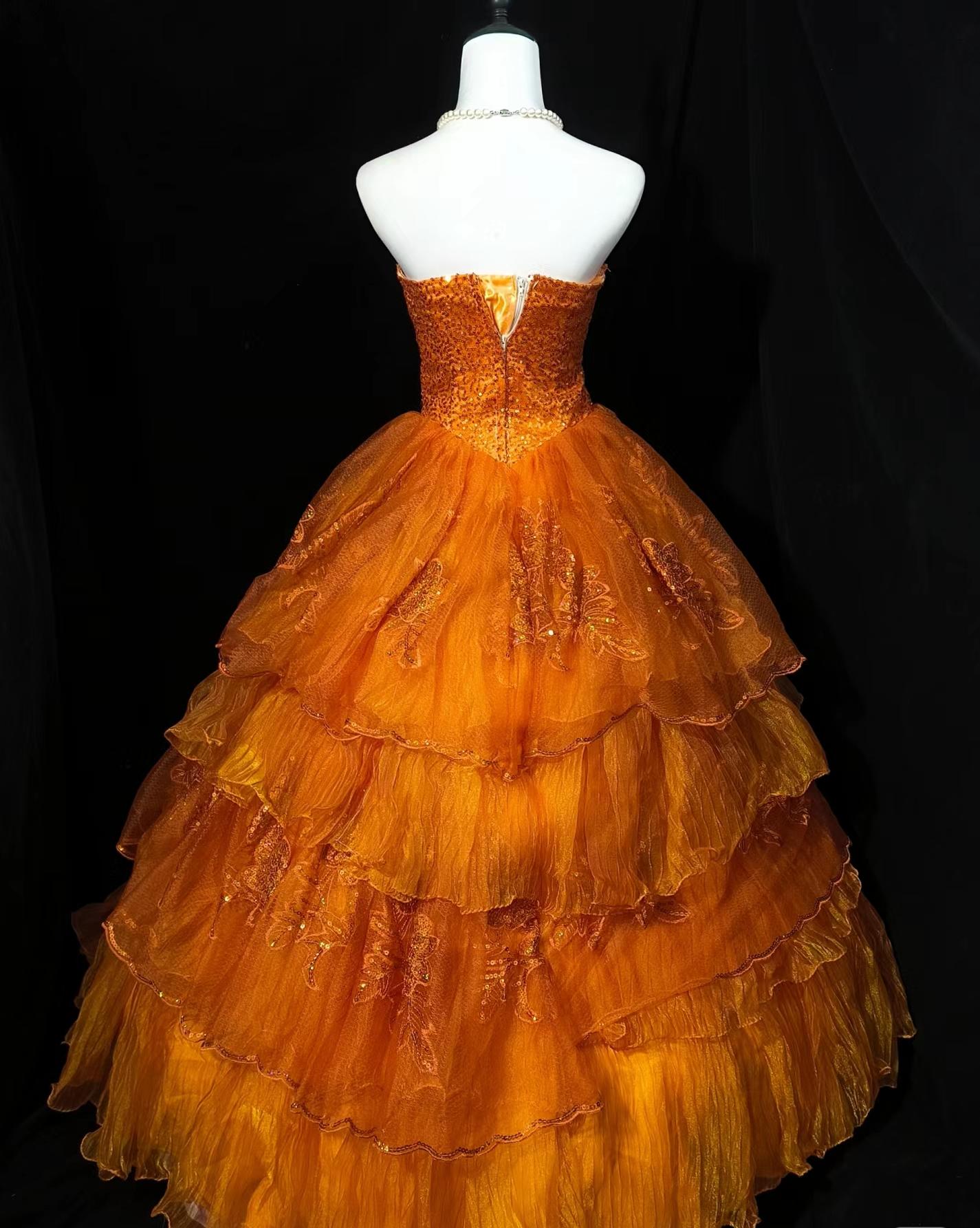 Retro Orange A-Line Strapless Tulle Sequin Long Prom Dress Gorgeous Wedding Dress ED01650