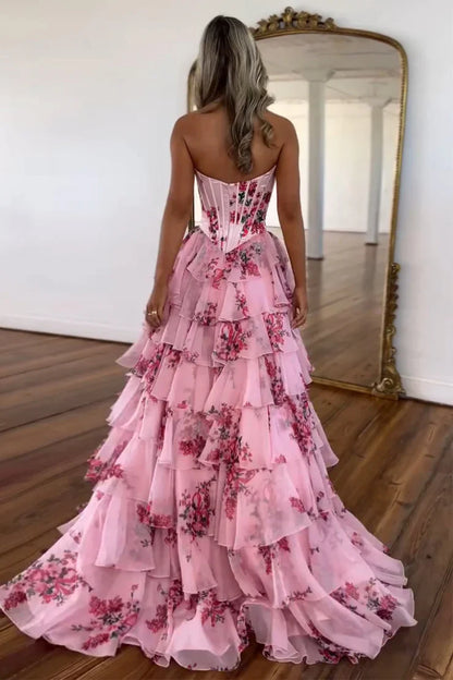 Sweetheart A-Line Chiffon Floral Print Ruffle Long Prom Dress with Slit ED01652