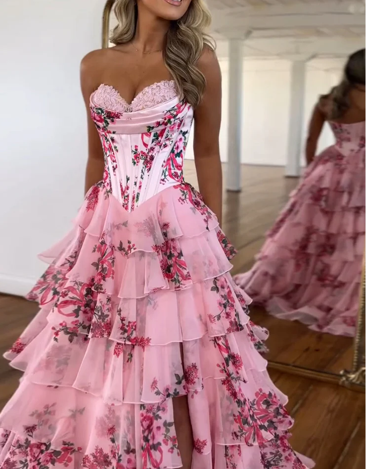 Sweetheart A-Line Chiffon Floral Print Ruffle Long Prom Dress with Slit ED01652