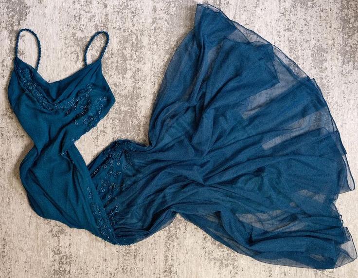 Teal Spaghetti Strap Chiffon Beaded Appliqué Long Prom Dress Evening Dress ED01656