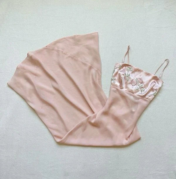 Sweet Pink Spaghetti Strap Chiffon Long Prom Dress for Party Embroidered AppliqueEvening Dress ED01657