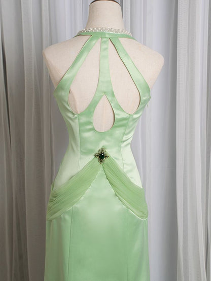 Vintage Light Green Mermaid Halter Satin Beaded Long Prom Dress ED01658