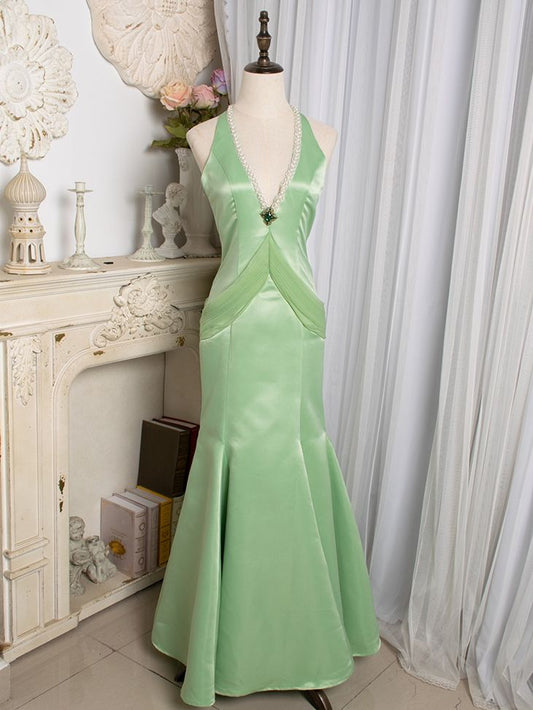 Vintage Light Green Mermaid Halter Satin Beaded Long Prom Dress ED01658