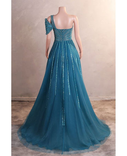A-Line One Shoulder Tulle Beaded Long Prom Dress Elegant Evening Gown ED01660