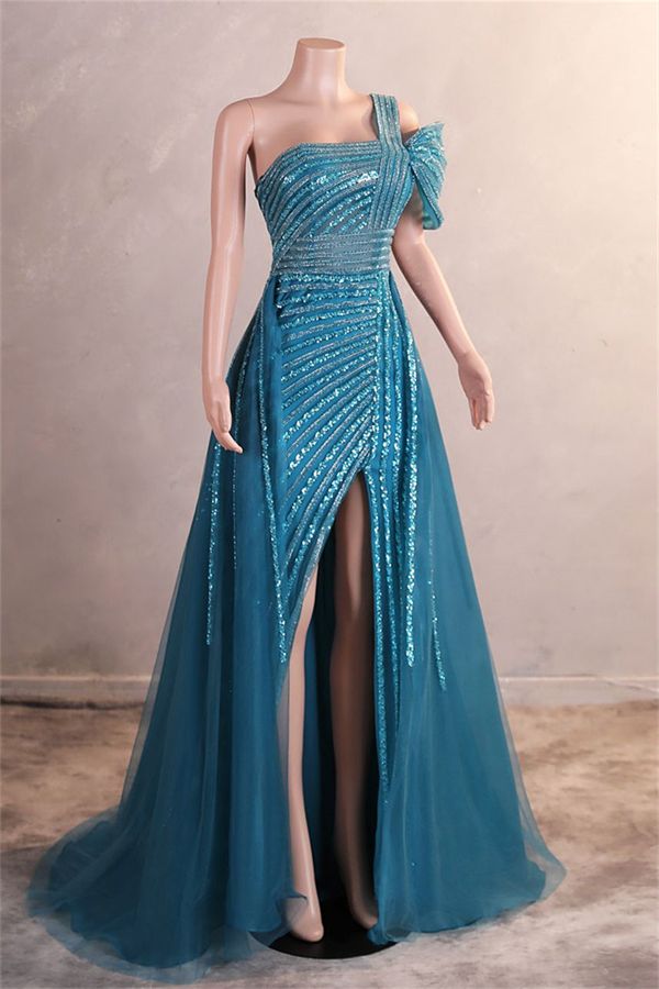 A-Line One Shoulder Tulle Beaded Long Prom Dress Elegant Evening Gown ED01660