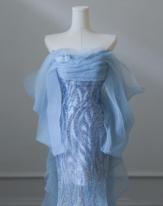 Sky Blue Mermaid Strapless Tulle Beaded Long Prom Dress Elegant Wedding Dress ED01661