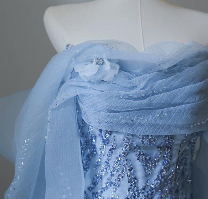 Sky Blue Mermaid Strapless Tulle Beaded Long Prom Dress Elegant Wedding Dress ED01661