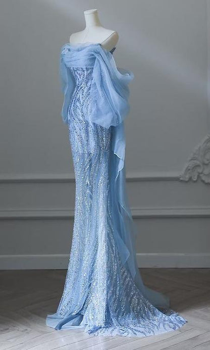 Sky Blue Mermaid Strapless Tulle Beaded Long Prom Dress Elegant Wedding Dress ED01661