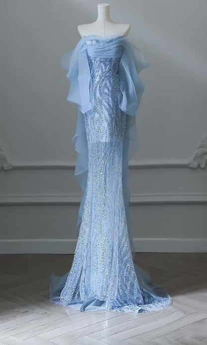 Sky Blue Mermaid Strapless Tulle Beaded Long Prom Dress Elegant Wedding Dress ED01661