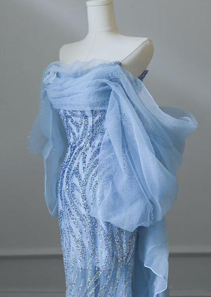 Sky Blue Mermaid Strapless Tulle Beaded Long Prom Dress Elegant Wedding Dress ED01661