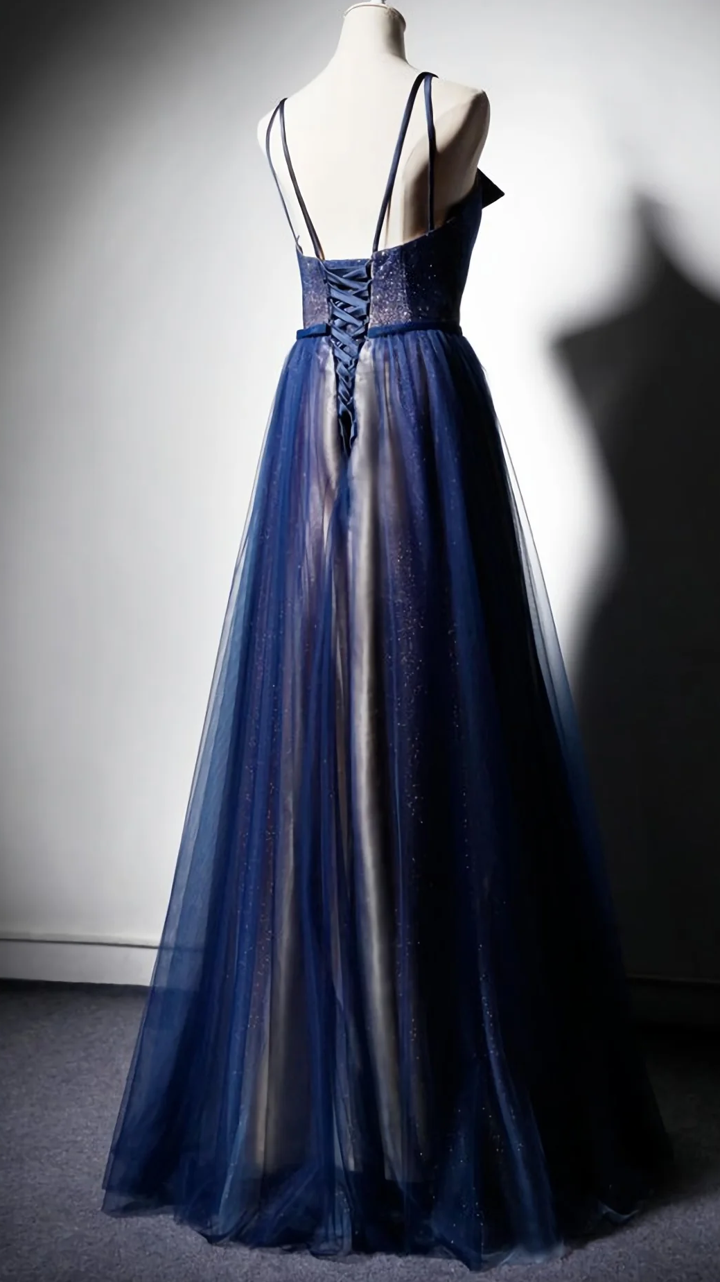 Navy Blue Tulle V Neck Long Women Prom Dress, Lace Up Evening Dress ED01664