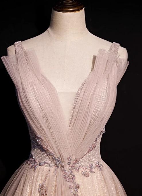 Blush Pink A-Line V-neck Glitter Tulle with Beaded Long Prom Dress Adult Ceremony Evening Dress ED01668