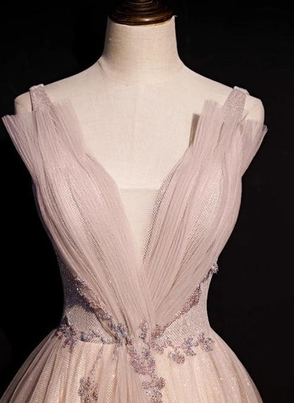 Blush Pink A-Line V-neck Glitter Tulle with Beaded Long Prom Dress Adult Ceremony Evening Dress ED01668