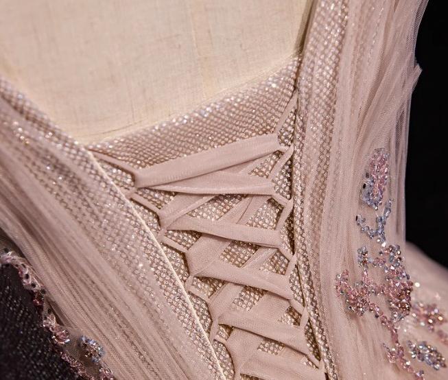 Blush Pink A-Line V-neck Glitter Tulle with Beaded Long Prom Dress Adult Ceremony Evening Dress ED01668