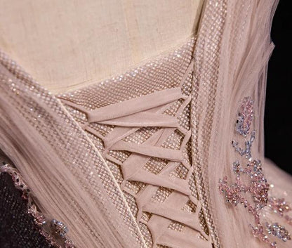 Blush Pink A-Line V-neck Glitter Tulle with Beaded Long Prom Dress Adult Ceremony Evening Dress ED01668