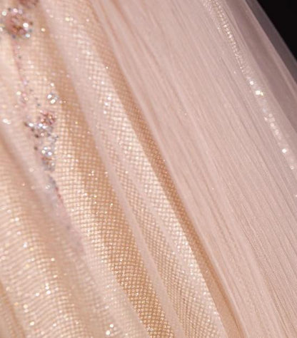 Blush Pink A-Line V-neck Glitter Tulle with Beaded Long Prom Dress Adult Ceremony Evening Dress ED01668