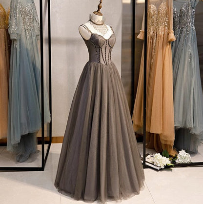 A-Line Spaghetti Strap Tulle Beaded Long Prom Dress Graduation Prom Dress Birthday Dress ED01669