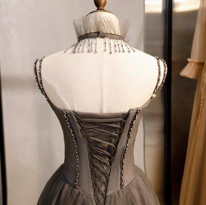 A-Line Spaghetti Strap Tulle Beaded Long Prom Dress Graduation Prom Dress Birthday Dress ED01669