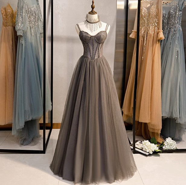 A-Line Spaghetti Strap Tulle Beaded Long Prom Dress Graduation Prom Dress Birthday Dress ED01669