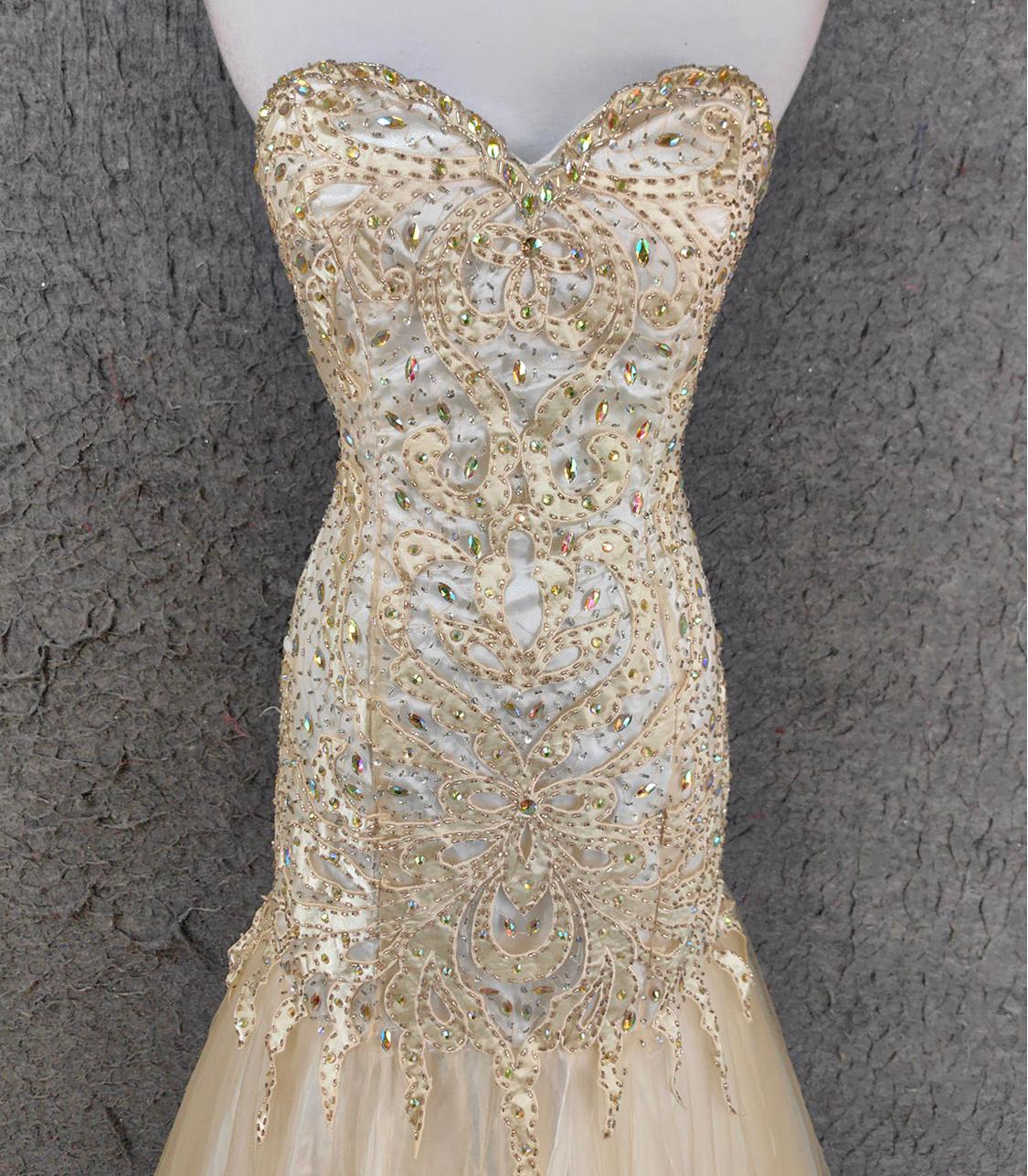 Light Champagne Mermaid Sweetheart Neck Beaded Tulle Long Ball Dress Vintage Evening Dress ED01670