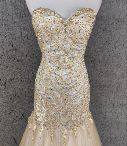 Light Champagne Mermaid Sweetheart Neck Beaded Tulle Long Ball Dress Vintage Evening Dress ED01670
