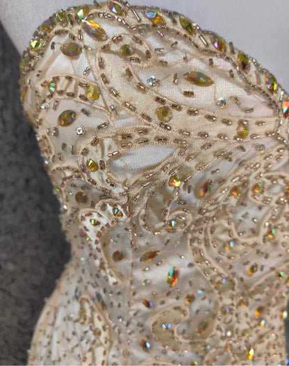 Light Champagne Mermaid Sweetheart Neck Beaded Tulle Long Ball Dress Vintage Evening Dress ED01670