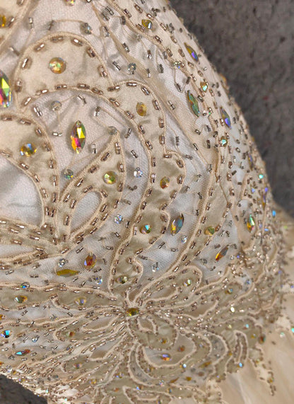 Light Champagne Mermaid Sweetheart Neck Beaded Tulle Long Ball Dress Vintage Evening Dress ED01670