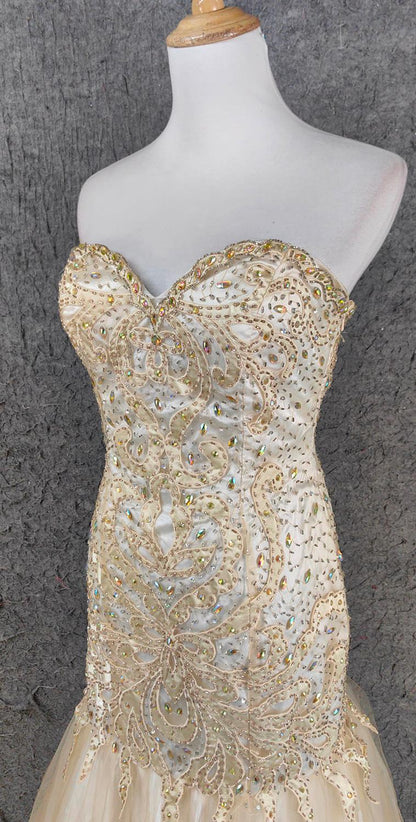 Light Champagne Mermaid Sweetheart Neck Beaded Tulle Long Ball Dress Vintage Evening Dress ED01670