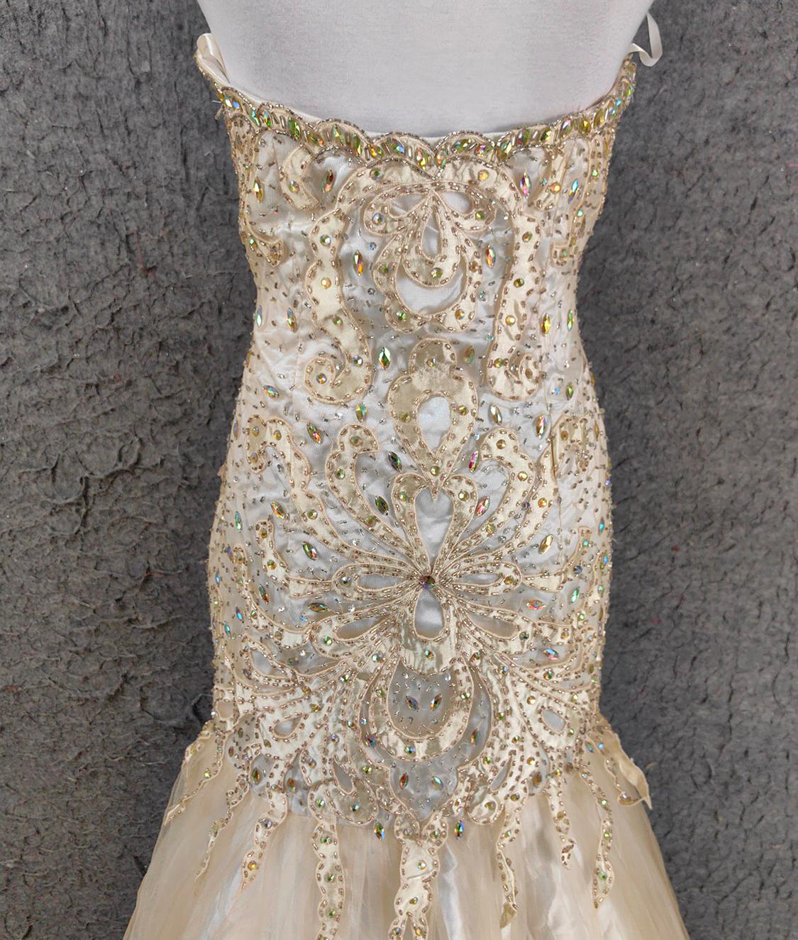 Light Champagne Mermaid Sweetheart Neck Beaded Tulle Long Ball Dress Vintage Evening Dress ED01670