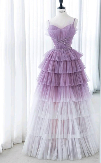 Gradient Purple A-Line Spaghetti Strap Tulle Sequin Long Prom Dresses for Birthday&Graduation ED01672