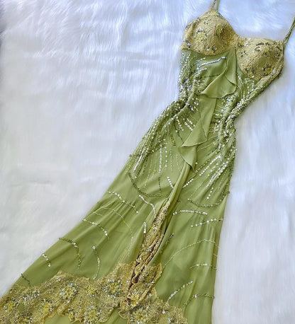 Green Bodycon Dress Beautiful Spaghetti Straps Chiffon Sequin Long Prom Dress Evening Dress ED01673